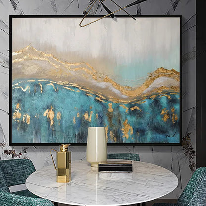 Room mockup. A layered gold-coloured wavy band separates pale grey above from deep turquoise below, with scattered metallic-looking patches.