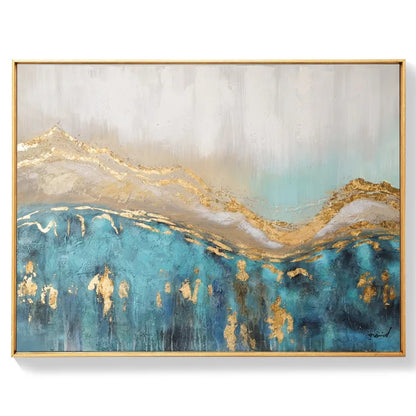 A layered gold-coloured wavy band separates pale grey above from deep turquoise below, with scattered metallic-looking patches.