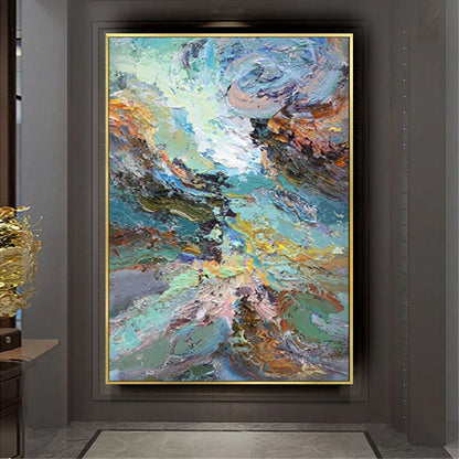 Room mockup showing sweeping textured turquoise, lavender and ochre strokes around a pale centre with dark curved marks.
