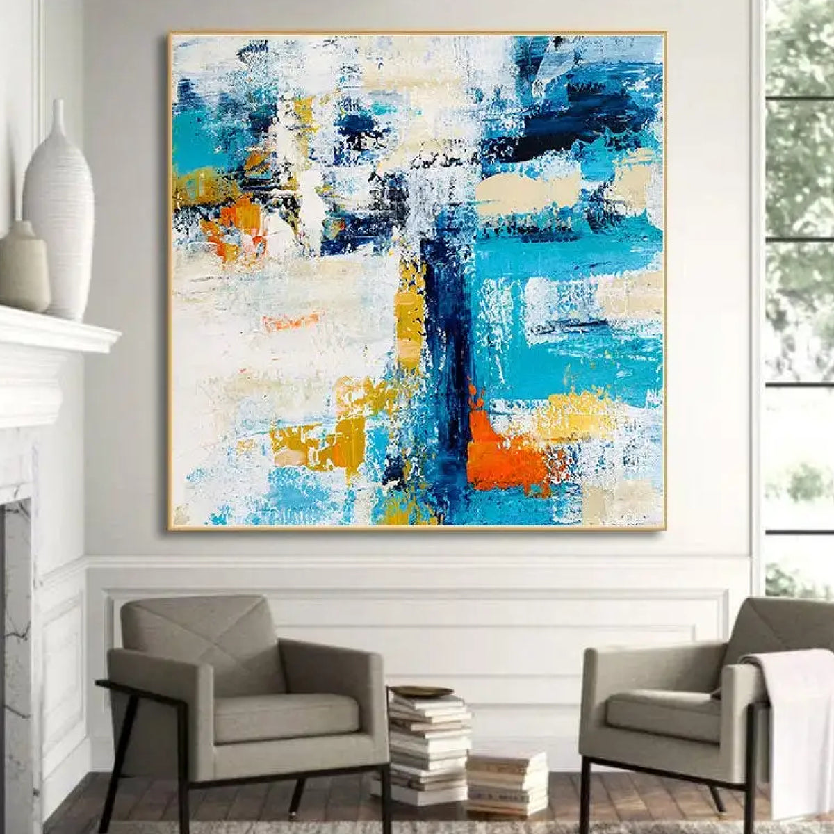 Room mockup. Broad turquoise and navy angular strokes cross a textured white field with orange and yellow patches.
