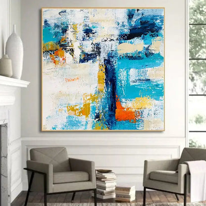 Room mockup. Broad turquoise and navy angular strokes cross a textured white field with orange and yellow patches.