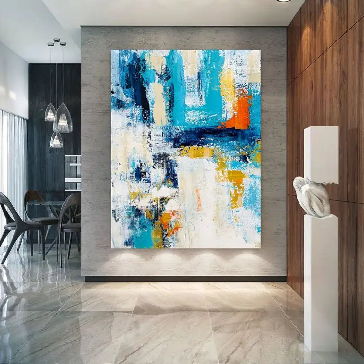 Room mockup. Broad turquoise and navy angular strokes cross a textured white field with orange and yellow patches.