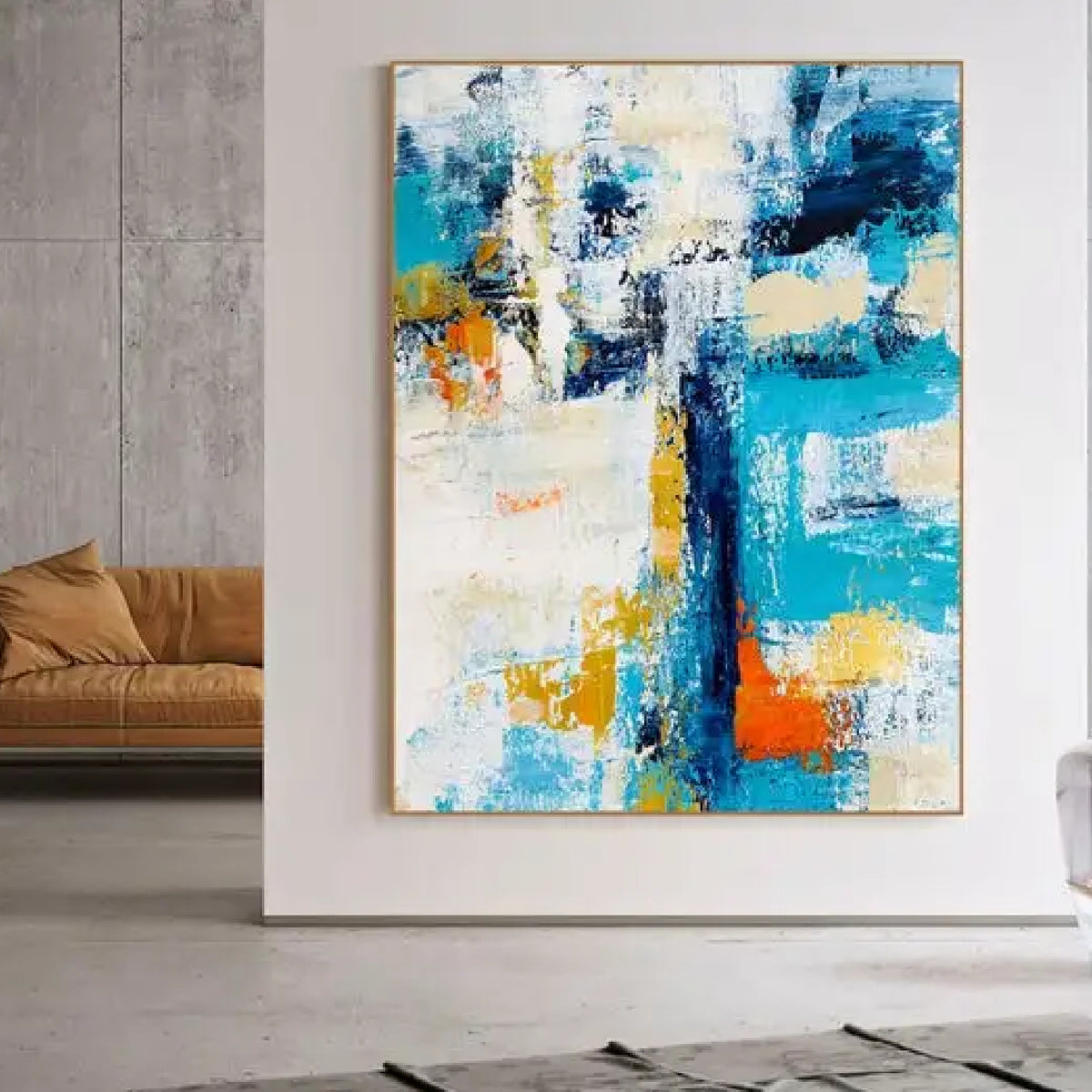 Room mockup. Broad turquoise and navy angular strokes cross a textured white field with orange and yellow patches.