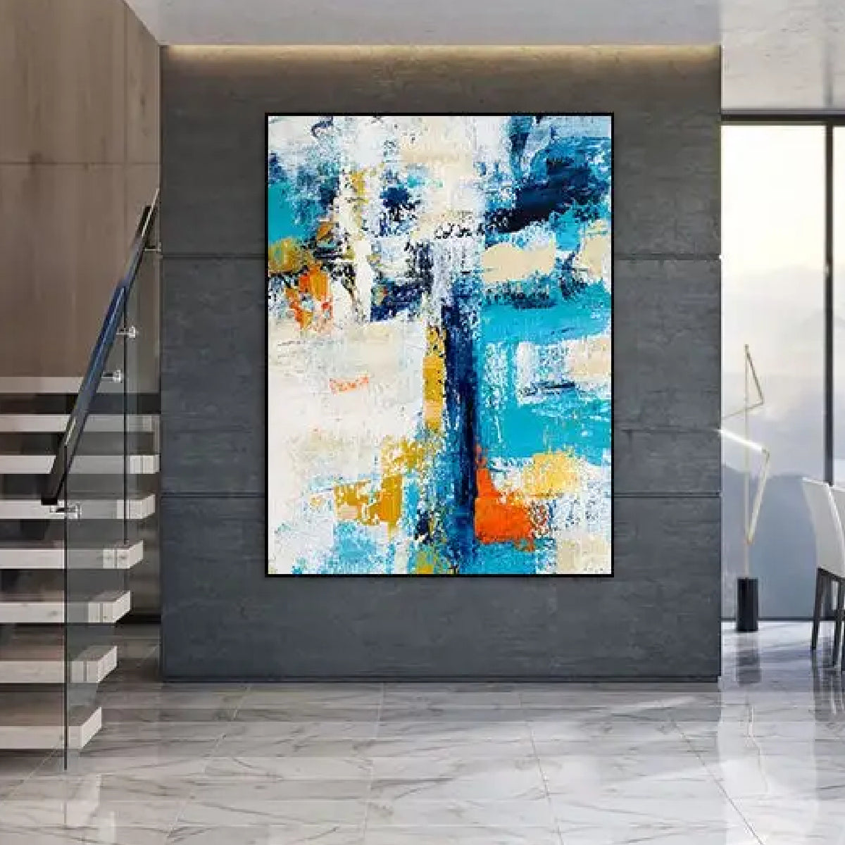 Room mockup. Broad turquoise and navy angular strokes cross a textured white field with orange and yellow patches.