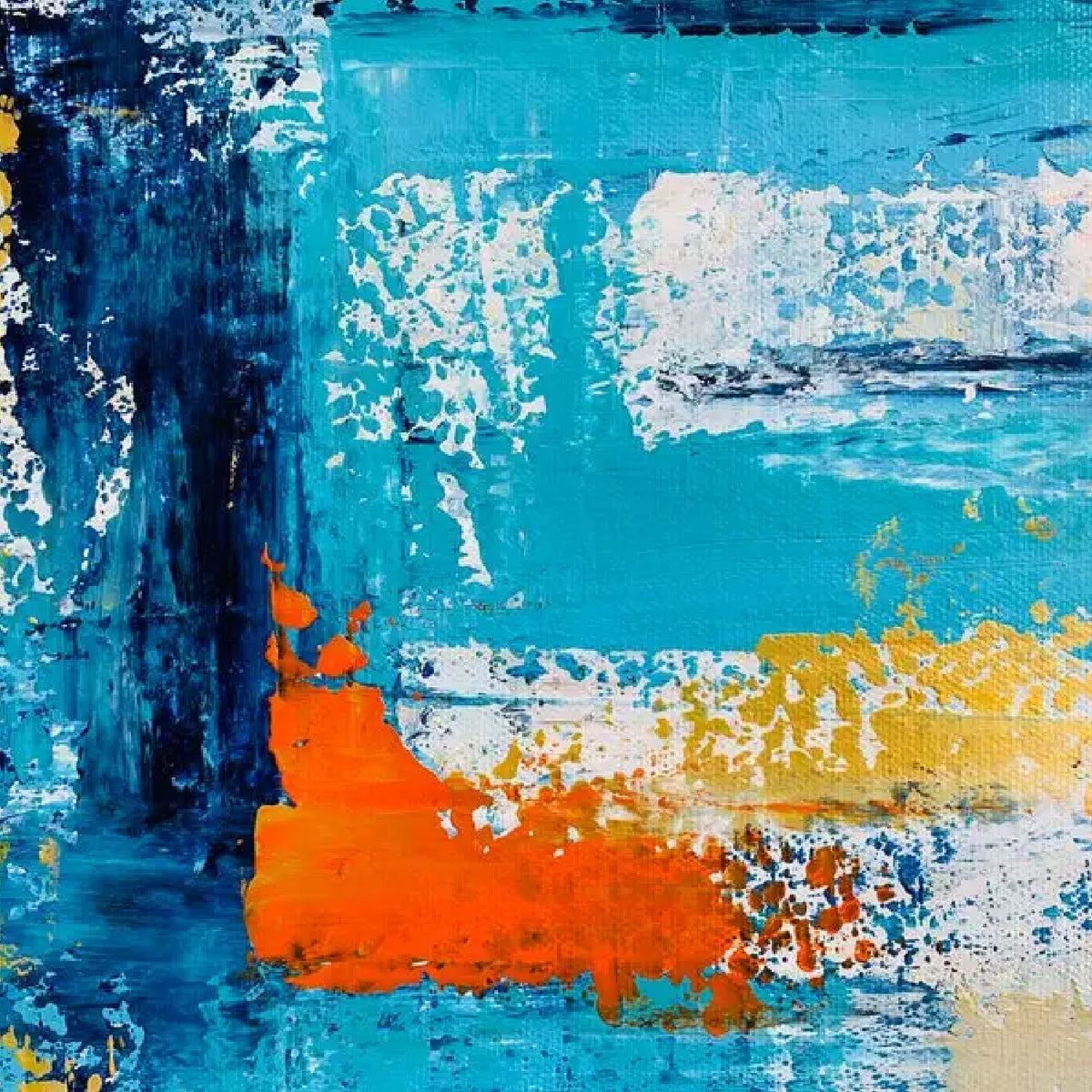 Close-up. Broad turquoise and navy angular strokes cross a textured white field with orange and yellow patches.