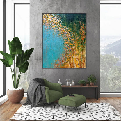 Room mockup. A broad turquoise field meets dark green and cascading ochre, orange and white textured dabs along a curved edge.