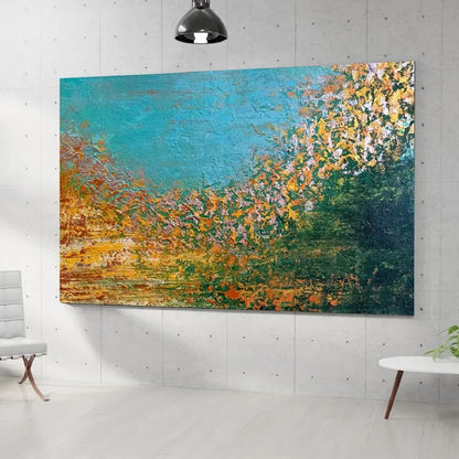 Room mockup. A broad turquoise field meets dark green and cascading ochre, orange and white textured dabs along a curved edge.
