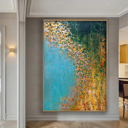 Room mockup. A broad turquoise field meets dark green and cascading ochre, orange and white textured dabs along a curved edge.