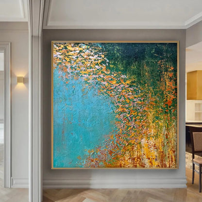 Room mockup. A broad turquoise field meets dark green and cascading ochre, orange and white textured dabs along a curved edge.