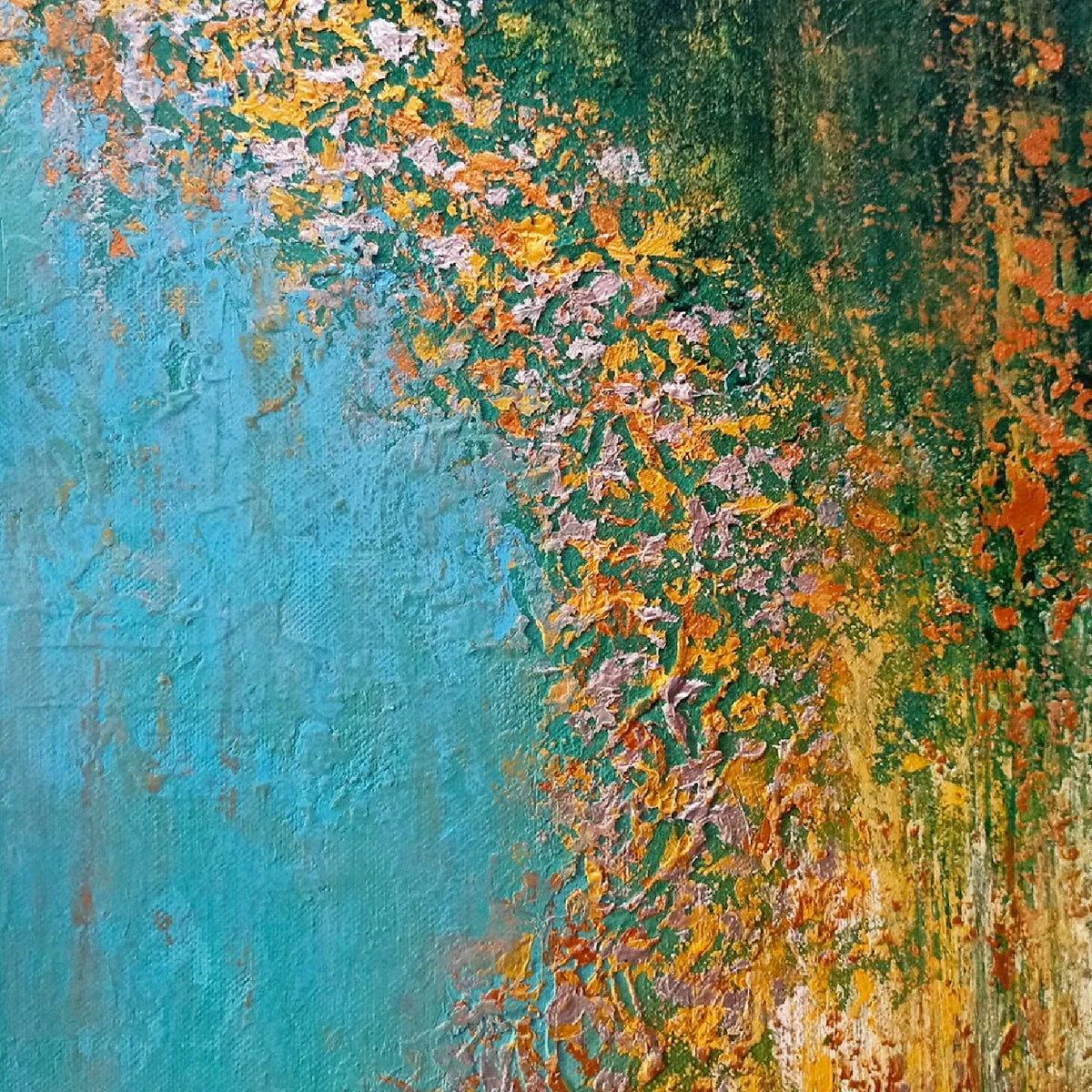 Close-up. A broad turquoise field meets dark green and cascading ochre, orange and white textured dabs along a curved edge.