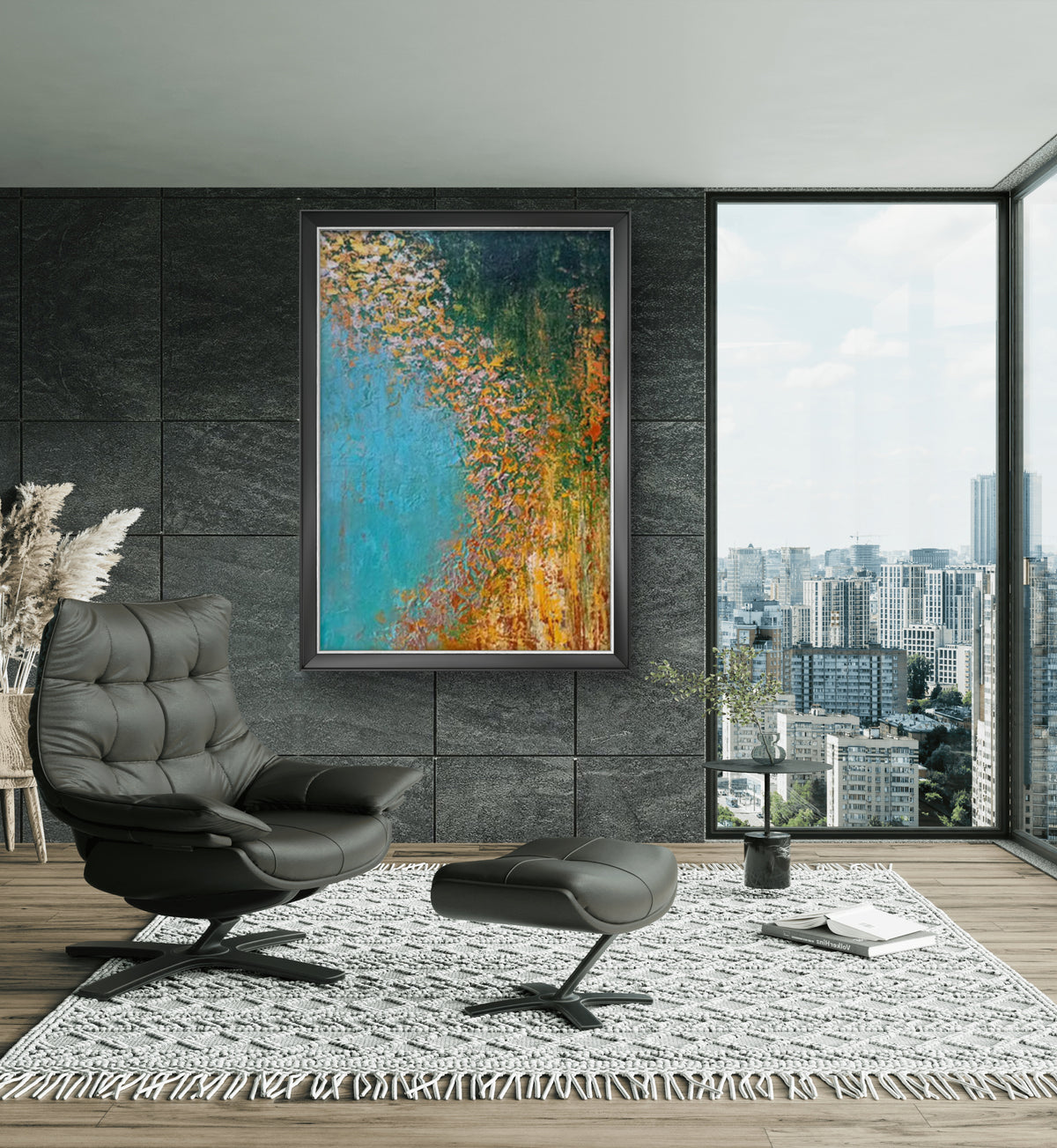 Room mockup. A broad turquoise field meets dark green and cascading ochre, orange and white textured dabs along a curved edge.