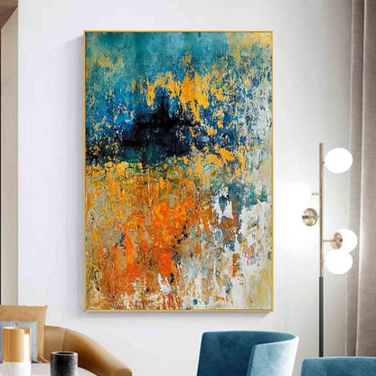 Room mockup showing textured turquoise, orange and yellow abstract painting with a dense dark navy patch and scattered white marks.