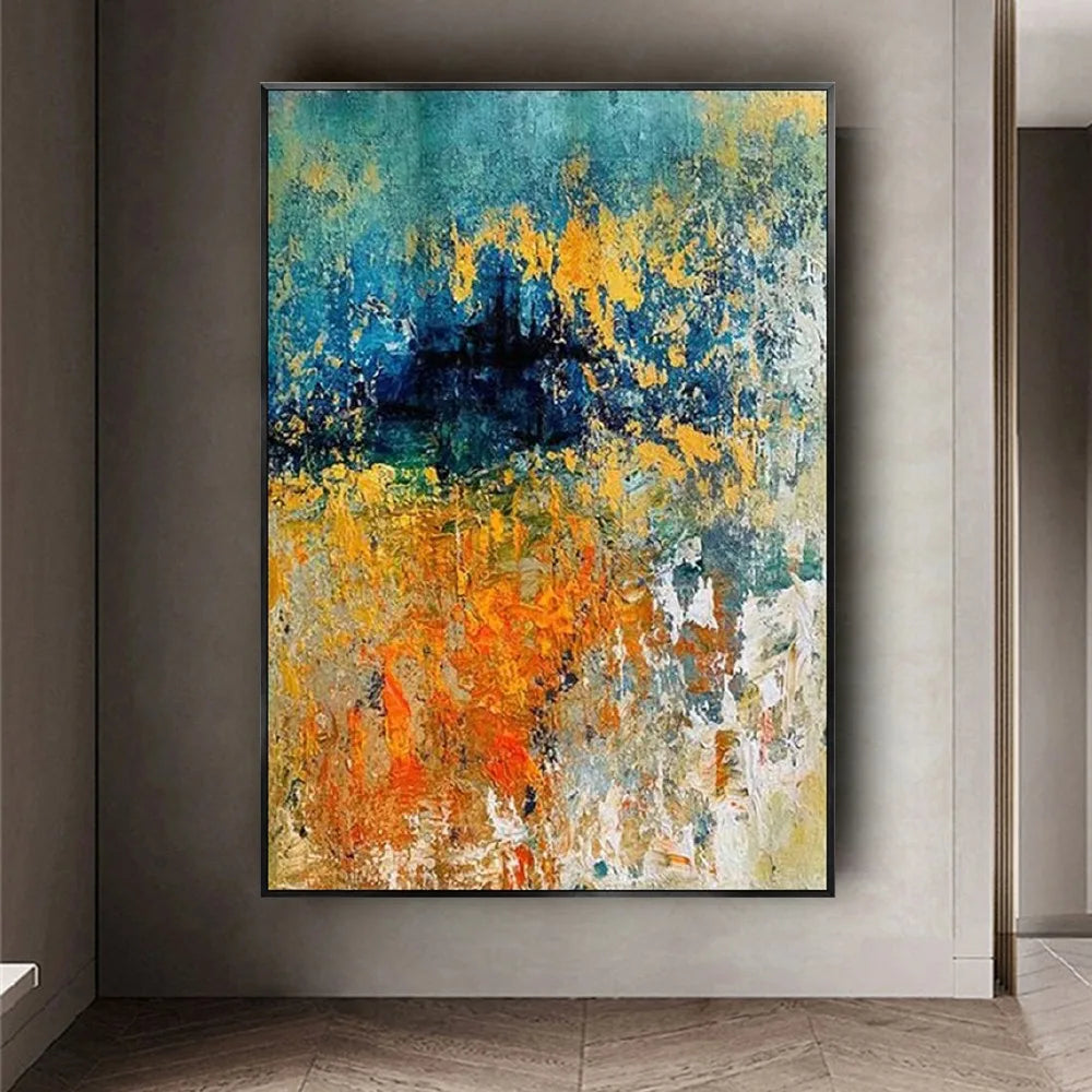Room mockup showing textured turquoise, orange and yellow abstract painting with a dense dark navy patch and scattered white marks.
