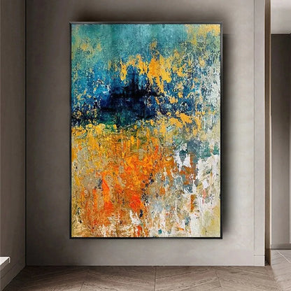 Room mockup showing textured turquoise, orange and yellow abstract painting with a dense dark navy patch and scattered white marks.