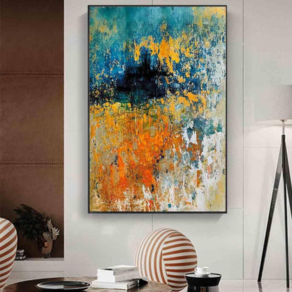Room mockup showing textured turquoise, orange and yellow abstract painting with a dense dark navy patch and scattered white marks.