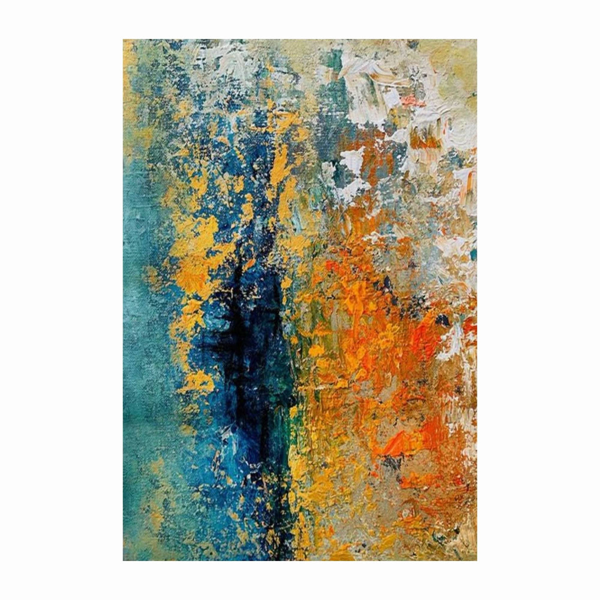Textured turquoise, orange and yellow abstract painting with a dense dark navy patch and scattered white marks.