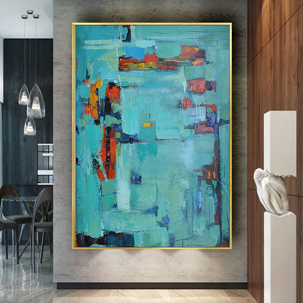 Room mockup showing turquoise abstract painting with layered rectangular fields and scattered red, orange and dark blue marks.