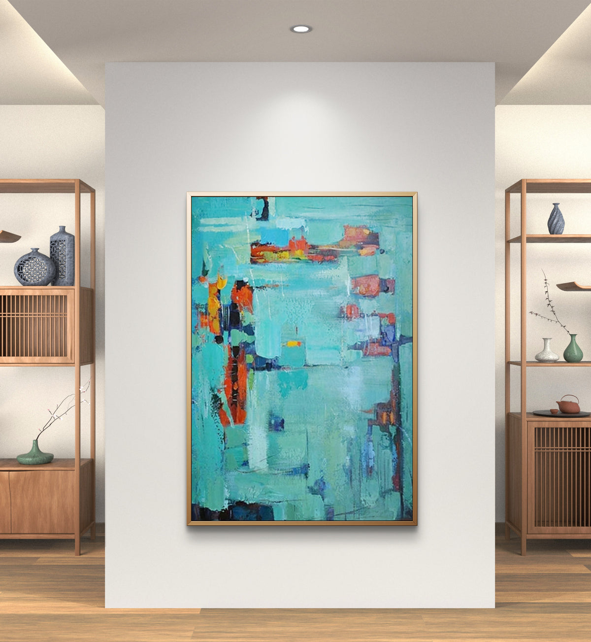 Room mockup showing turquoise abstract painting with layered rectangular fields and scattered red, orange and dark blue marks.