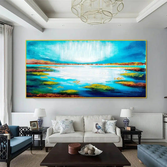 Room mockup showing bright turquoise abstract water and sky divided by a narrow warm horizon with a broad white glowing centre.