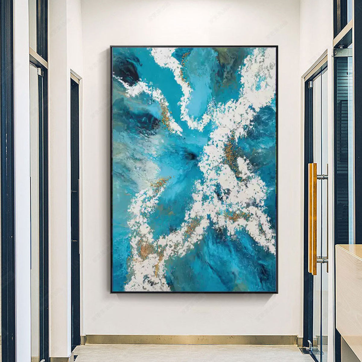 Room mockup. Branching textured white streams divide deep turquoise, blue and dark teal fields.