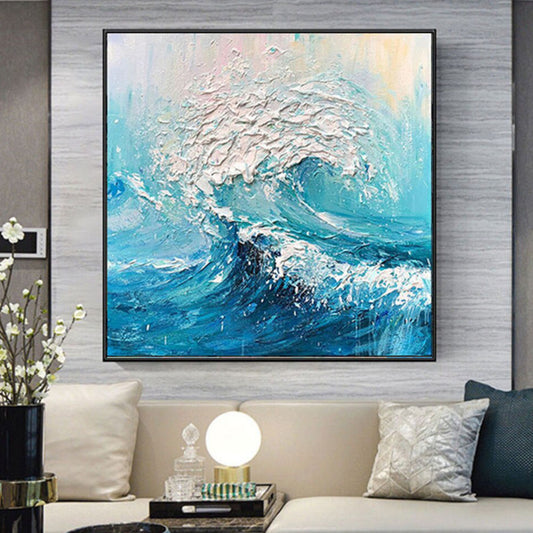 Room mockup. A curling turquoise and blue wave with thick white foam against a pale cream sky.