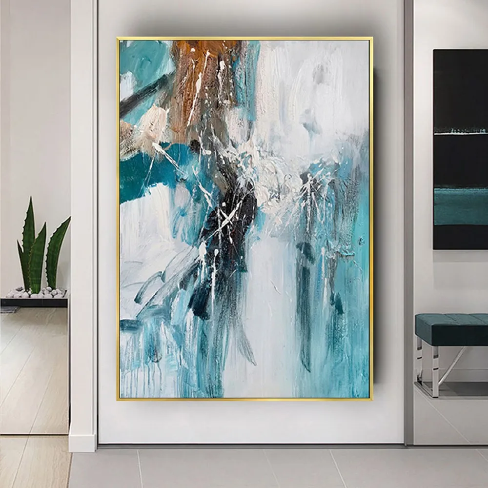 Room mockup showing turquoise, white and brown abstract painting with sweeping dark lines and loose vertical brush marks.