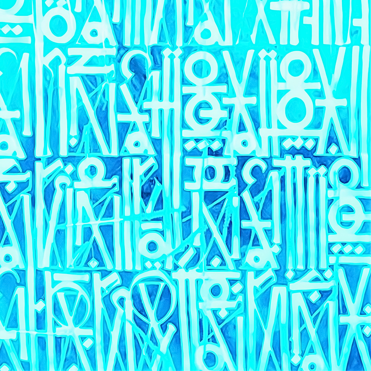 Close-up of white geometric symbols and stylised letterforms in dense rows on a bright turquoise background.