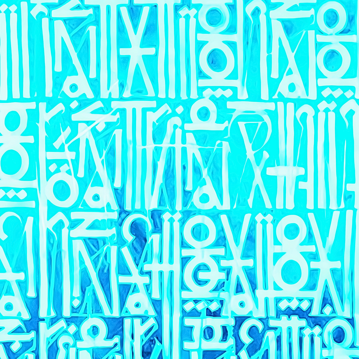 Close-up of white geometric symbols and stylised letterforms in dense rows on a bright turquoise background.