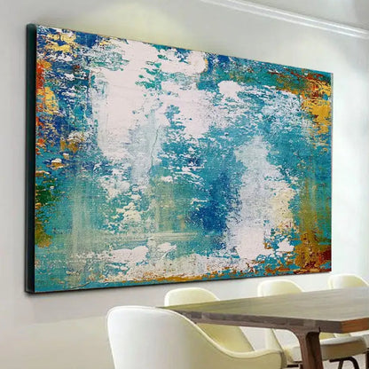 Room mockup. Scuffed white patches overlap turquoise and blue fields, with ochre and orange textured edges.