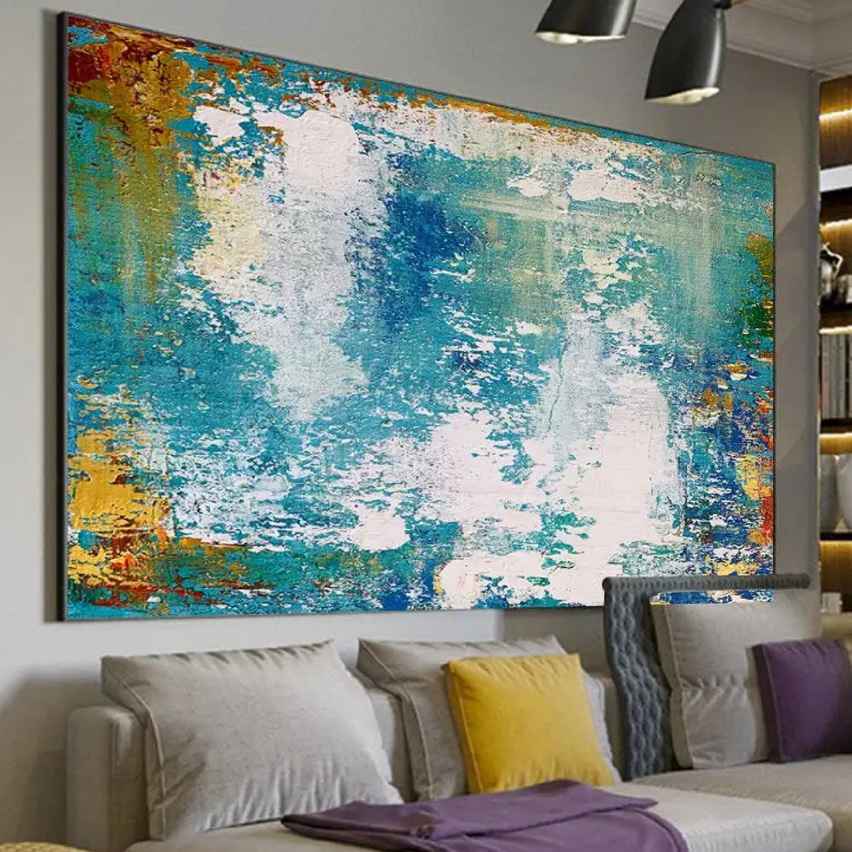 Room mockup. Scuffed white patches overlap turquoise and blue fields, with ochre and orange textured edges.