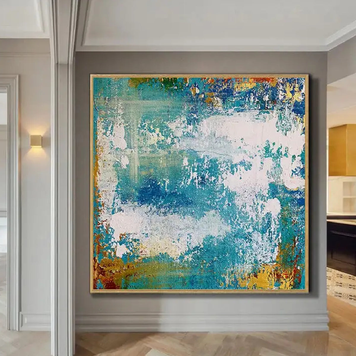 Room mockup. Scuffed white patches overlap turquoise and blue fields, with ochre and orange textured edges.