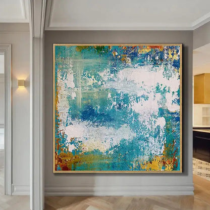 Room mockup. Scuffed white patches overlap turquoise and blue fields, with ochre and orange textured edges.