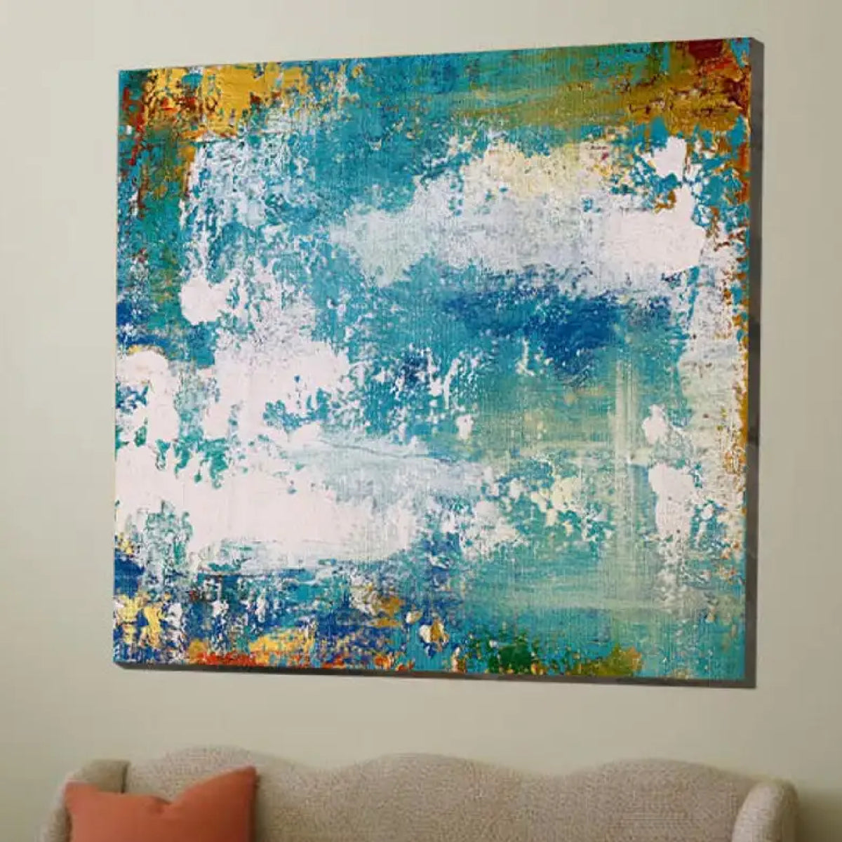 Room mockup. Scuffed white patches overlap turquoise and blue fields, with ochre and orange textured edges.