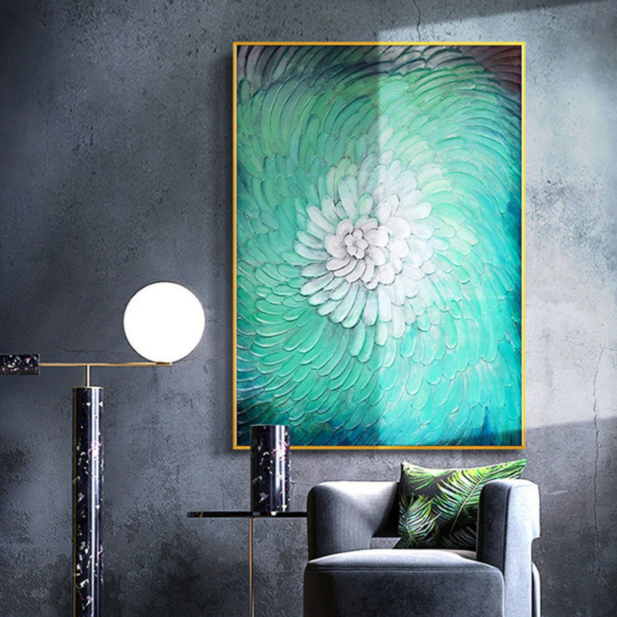 Room mockup. Raised petal-like strokes spiral from a white centre through mint and turquoise to dark teal edges.