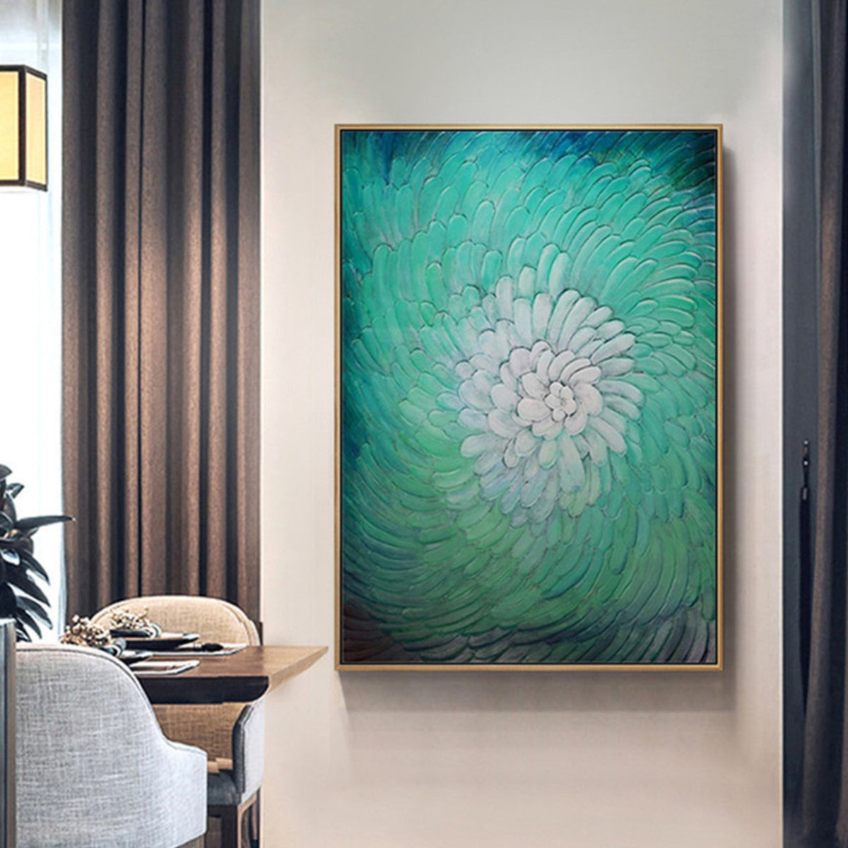 Room mockup. Raised petal-like strokes spiral from a white centre through mint and turquoise to dark teal edges.