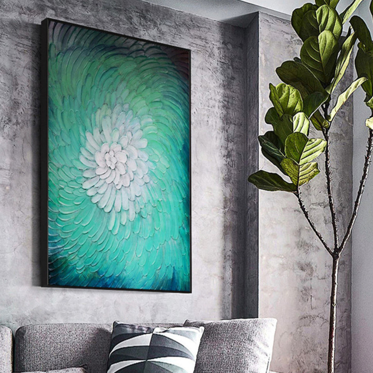 Room mockup. Raised petal-like strokes spiral from a white centre through mint and turquoise to dark teal edges.