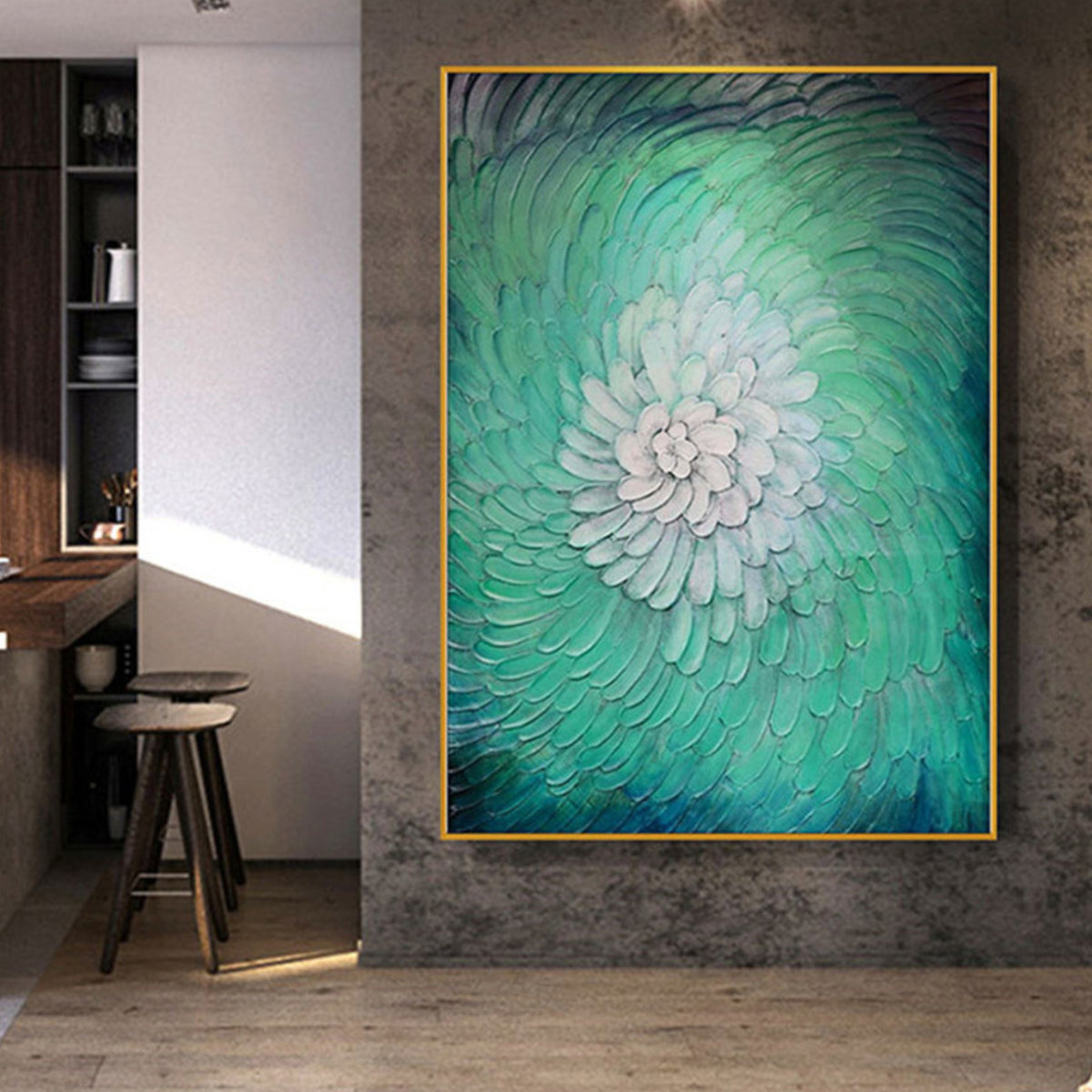 Room mockup. Raised petal-like strokes spiral from a white centre through mint and turquoise to dark teal edges.