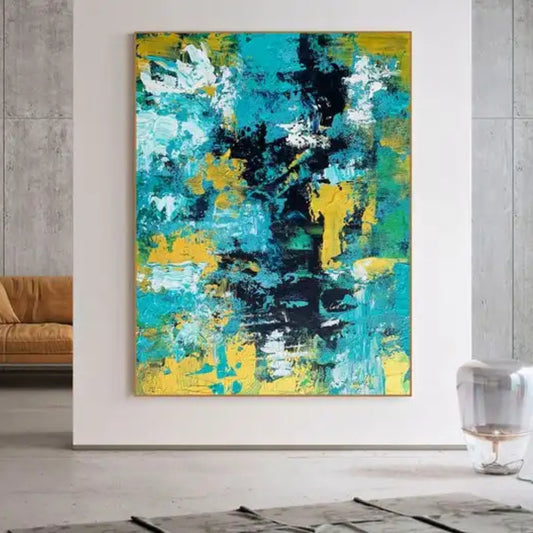 Room mockup. Rough turquoise, yellow and white strokes surround a broken dark vertical area in an abstract composition.