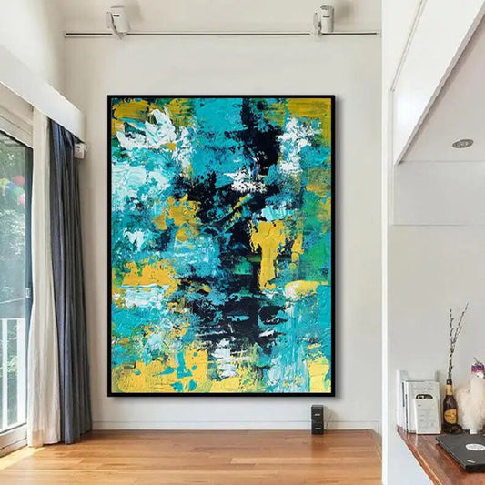 Room mockup. Rough turquoise, yellow and white strokes surround a broken dark vertical area in an abstract composition.