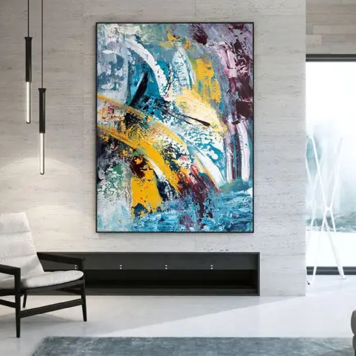 Room mockup. Broad white and yellow curved strokes sweep over turquoise, purple and grey textured patches with small black accents.