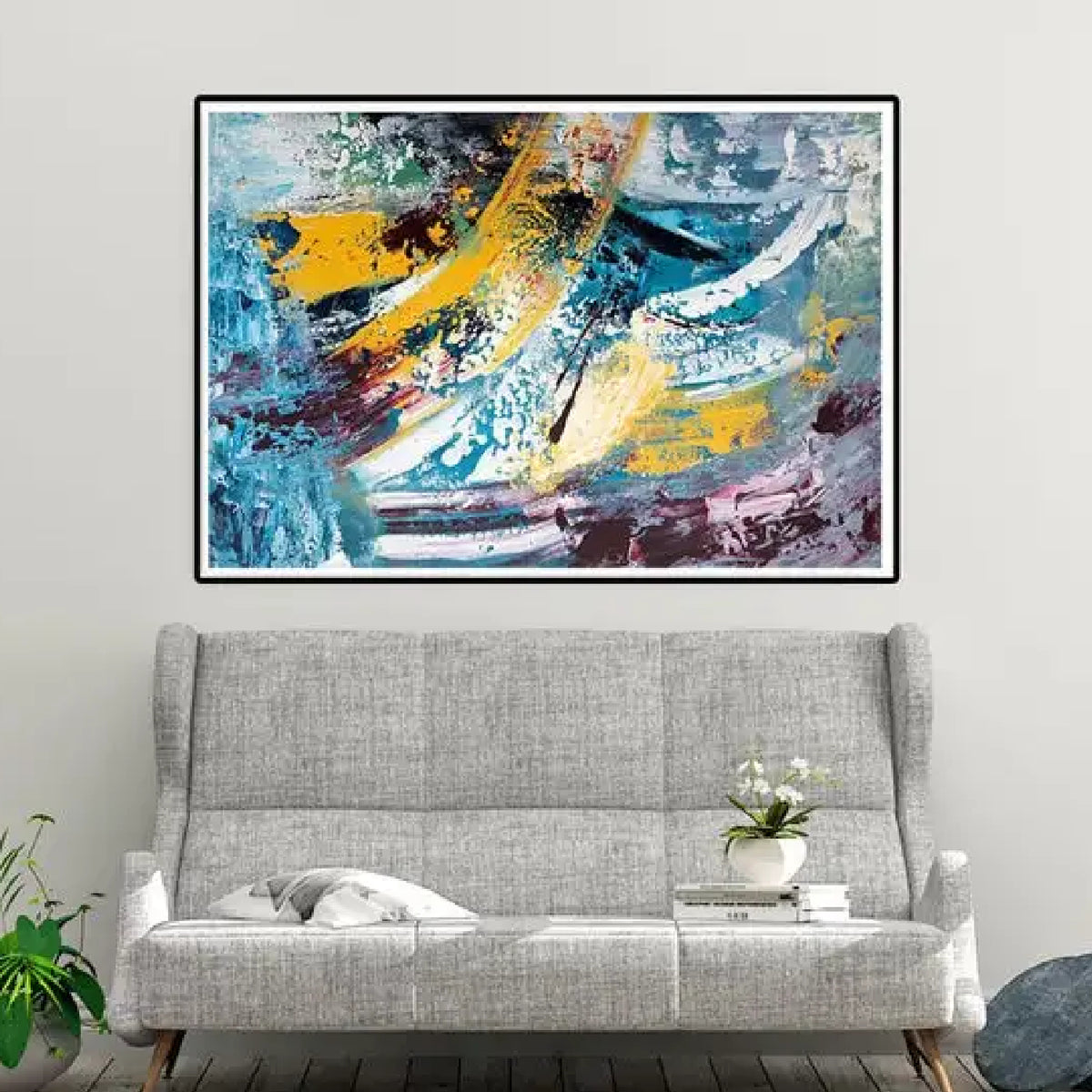 Room mockup. Broad white and yellow curved strokes sweep over turquoise, purple and grey textured patches with small black accents.