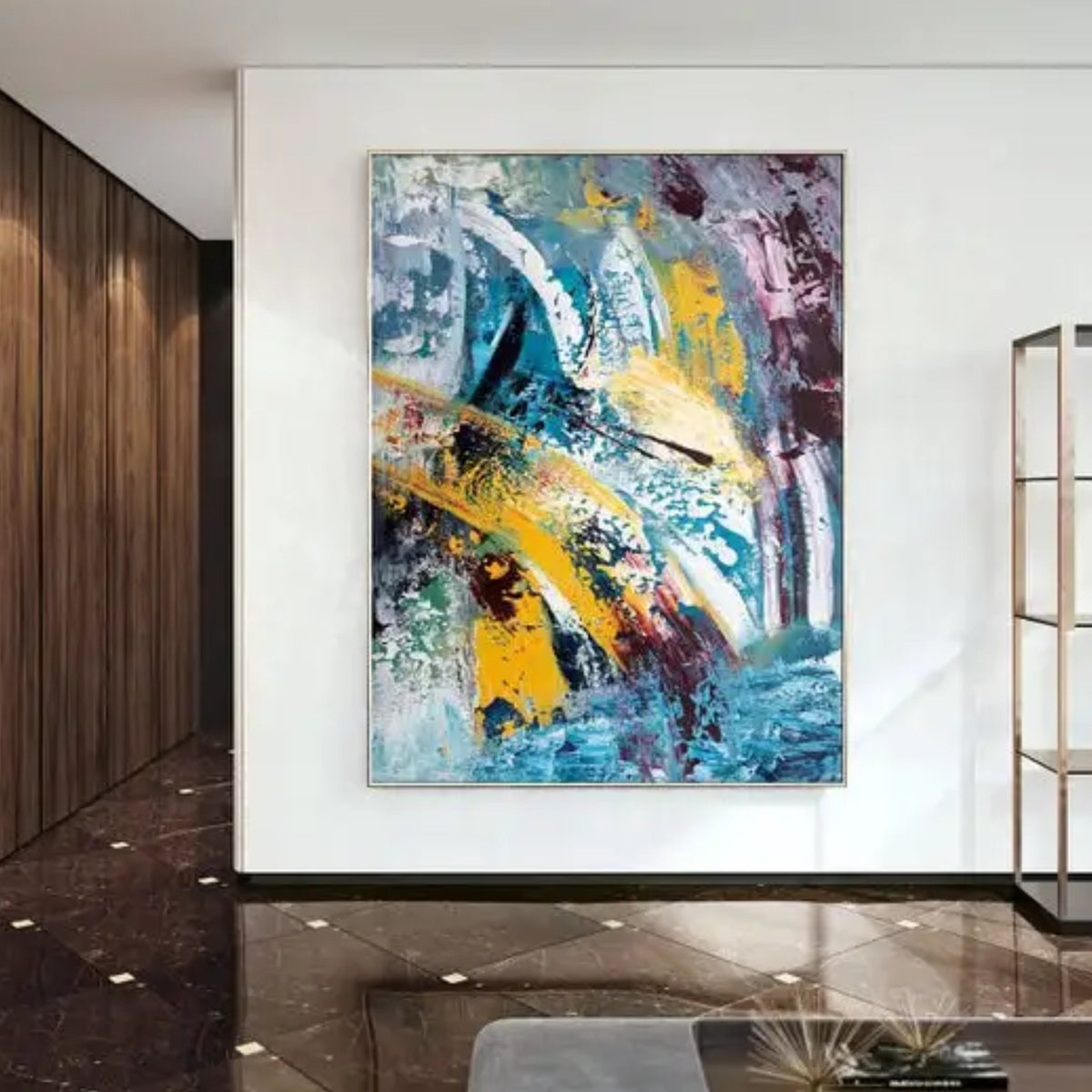 Room mockup. Broad white and yellow curved strokes sweep over turquoise, purple and grey textured patches with small black accents.