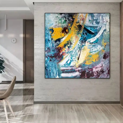 Room mockup. Broad white and yellow curved strokes sweep over turquoise, purple and grey textured patches with small black accents.