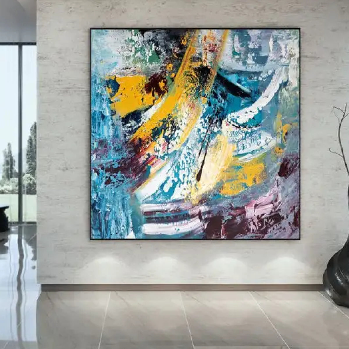 Room mockup. Broad white and yellow curved strokes sweep over turquoise, purple and grey textured patches with small black accents.