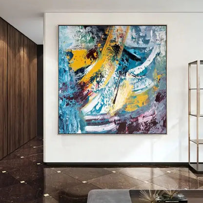 Room mockup. Broad white and yellow curved strokes sweep over turquoise, purple and grey textured patches with small black accents.
