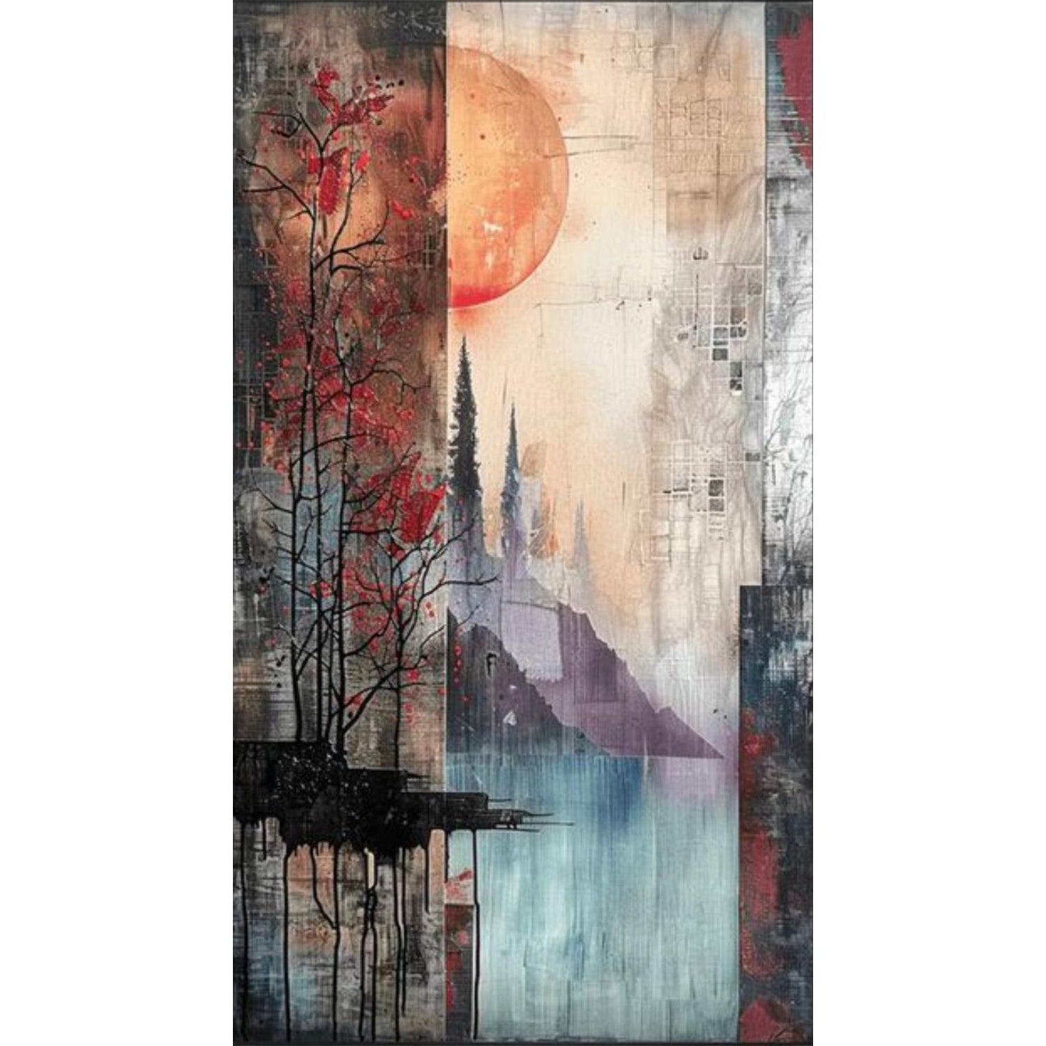 Twilight Divide – Vertical Abstract Landscape Wall Art with Trees, Sun ...
