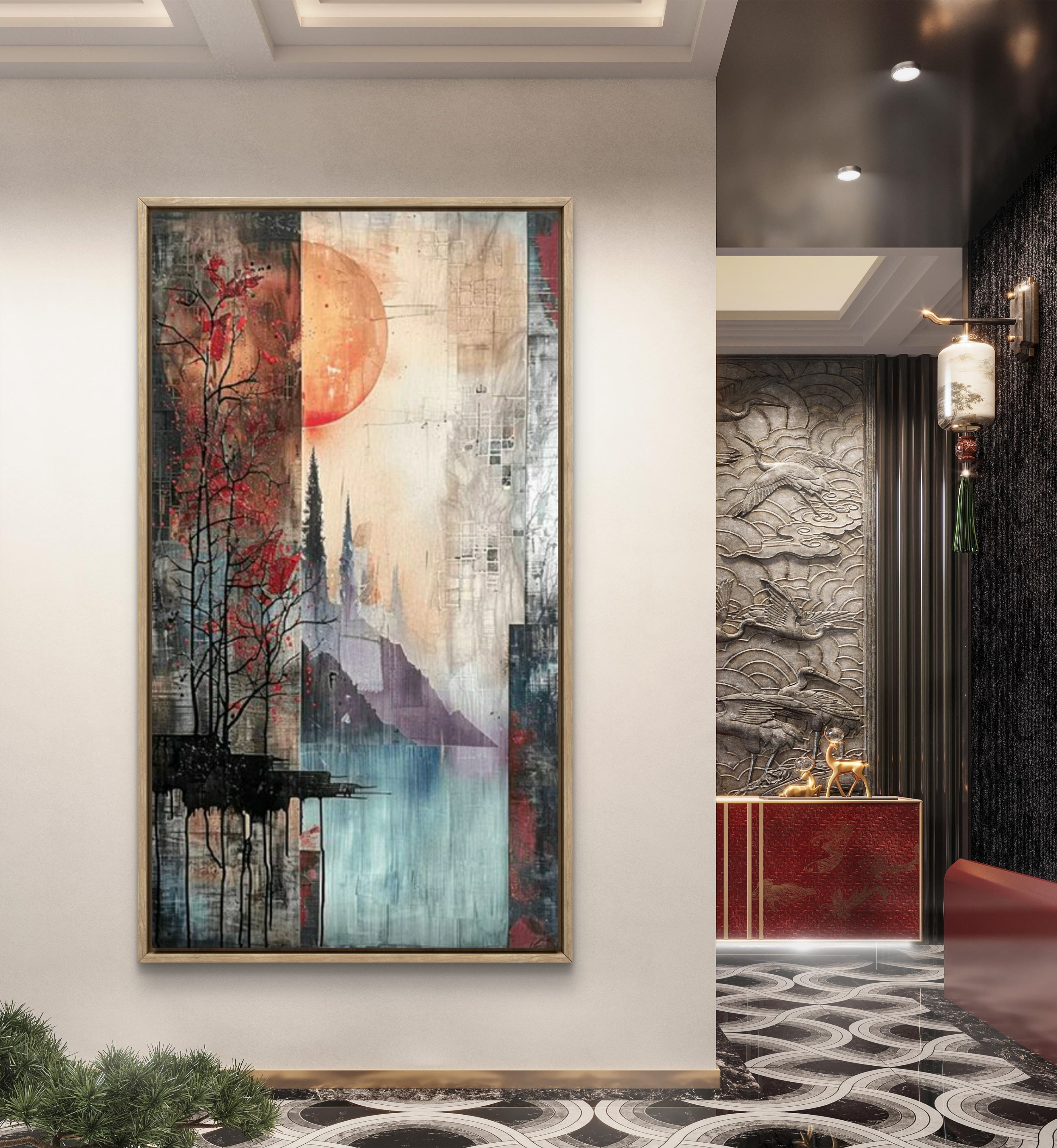 Twilight Divide – Vertical Abstract Landscape Wall Art with Trees, Sun ...