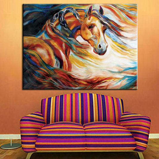 Room mockup. Two horses with intertwined flowing manes in orange, blue, red and cream sweeping strokes.