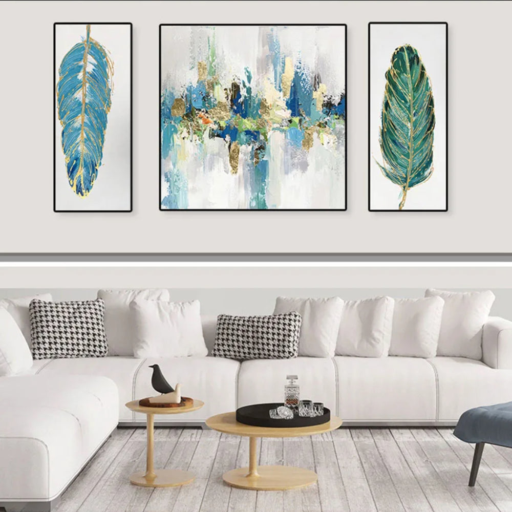 Two Leaf Multicolour Set of 3 Abstract Living Room Oil Painting