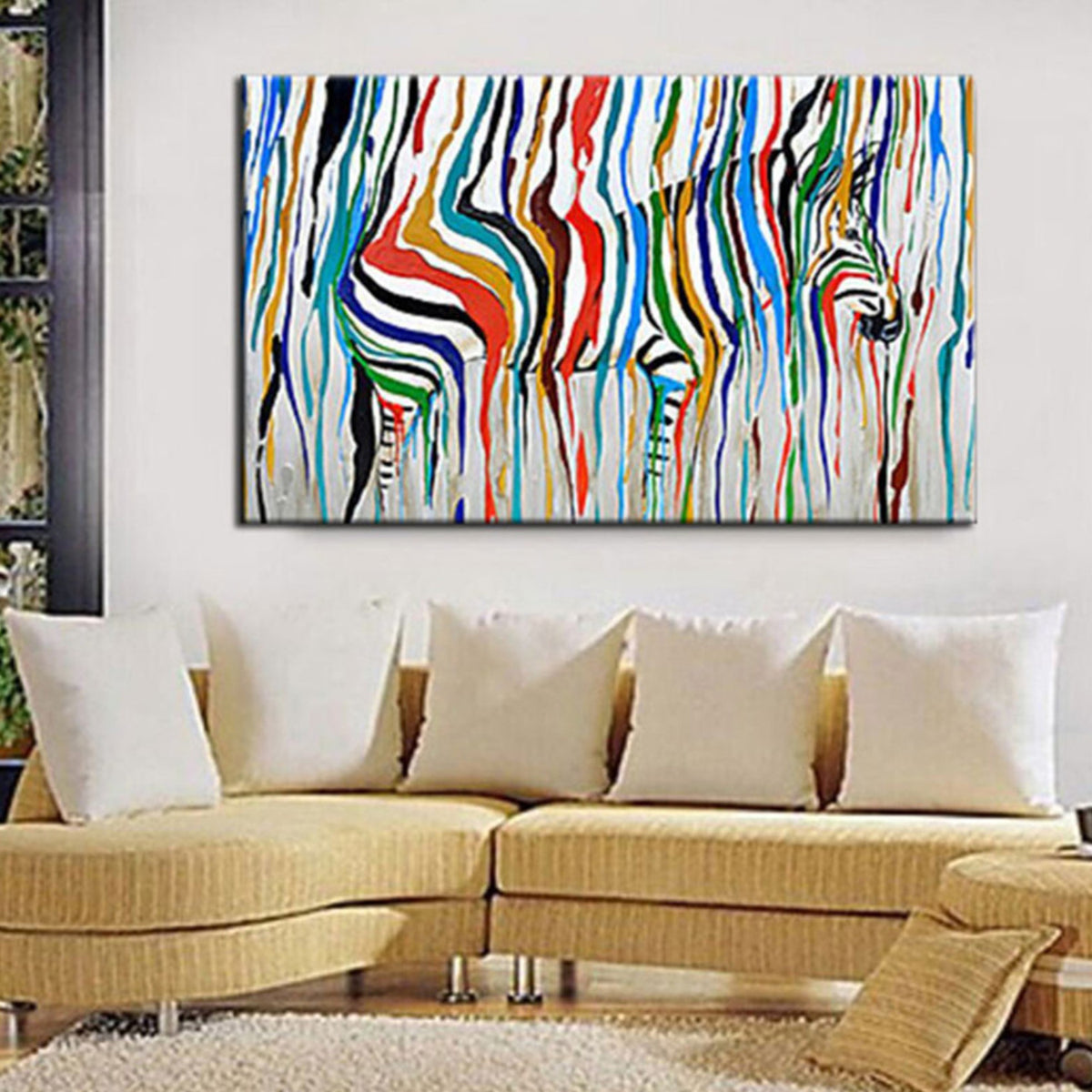 Room mockup. Two zebra heads emerge from long flowing blue, red, yellow, green and black stripes on white.